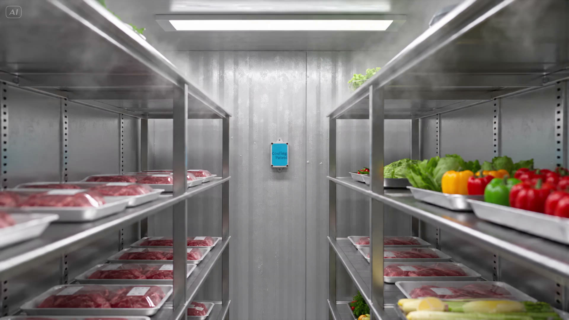 Cámara frigorífica con un sensor Cooling Patrol en la pared del fondo