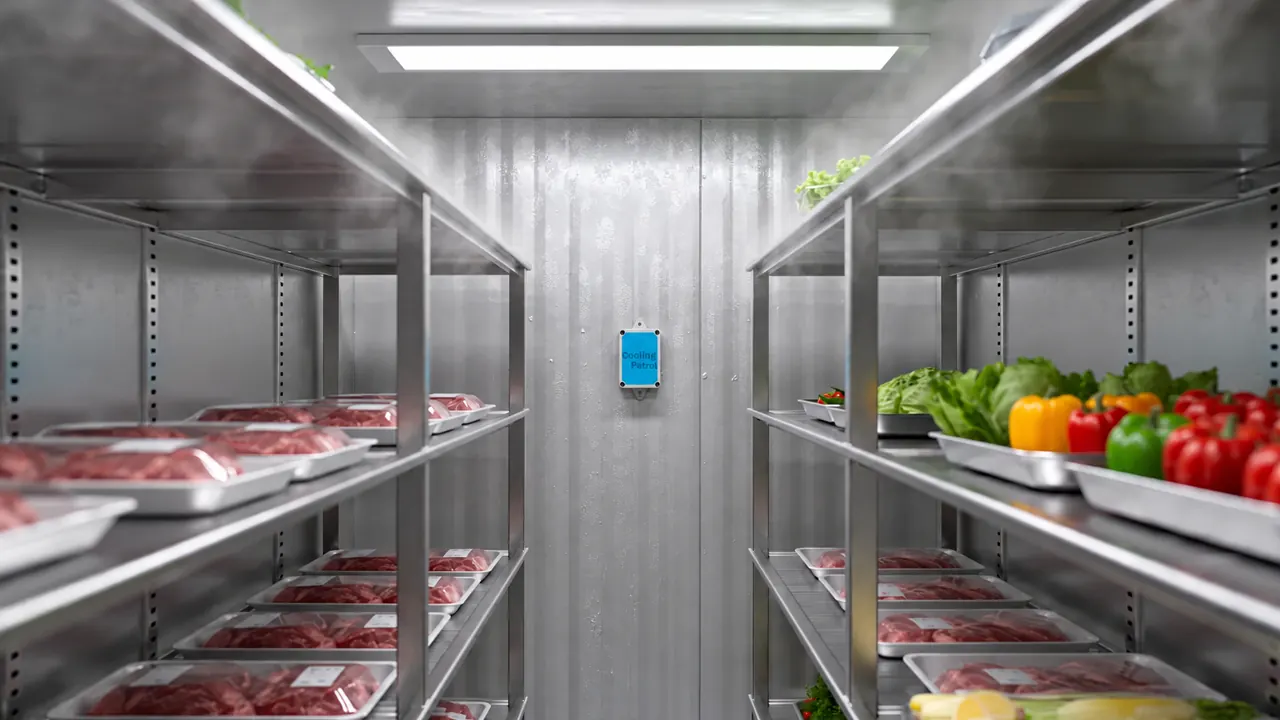 Cámara frigorífica con género en las estanterías y un sensor Cooling Patrol en la pared del fondo