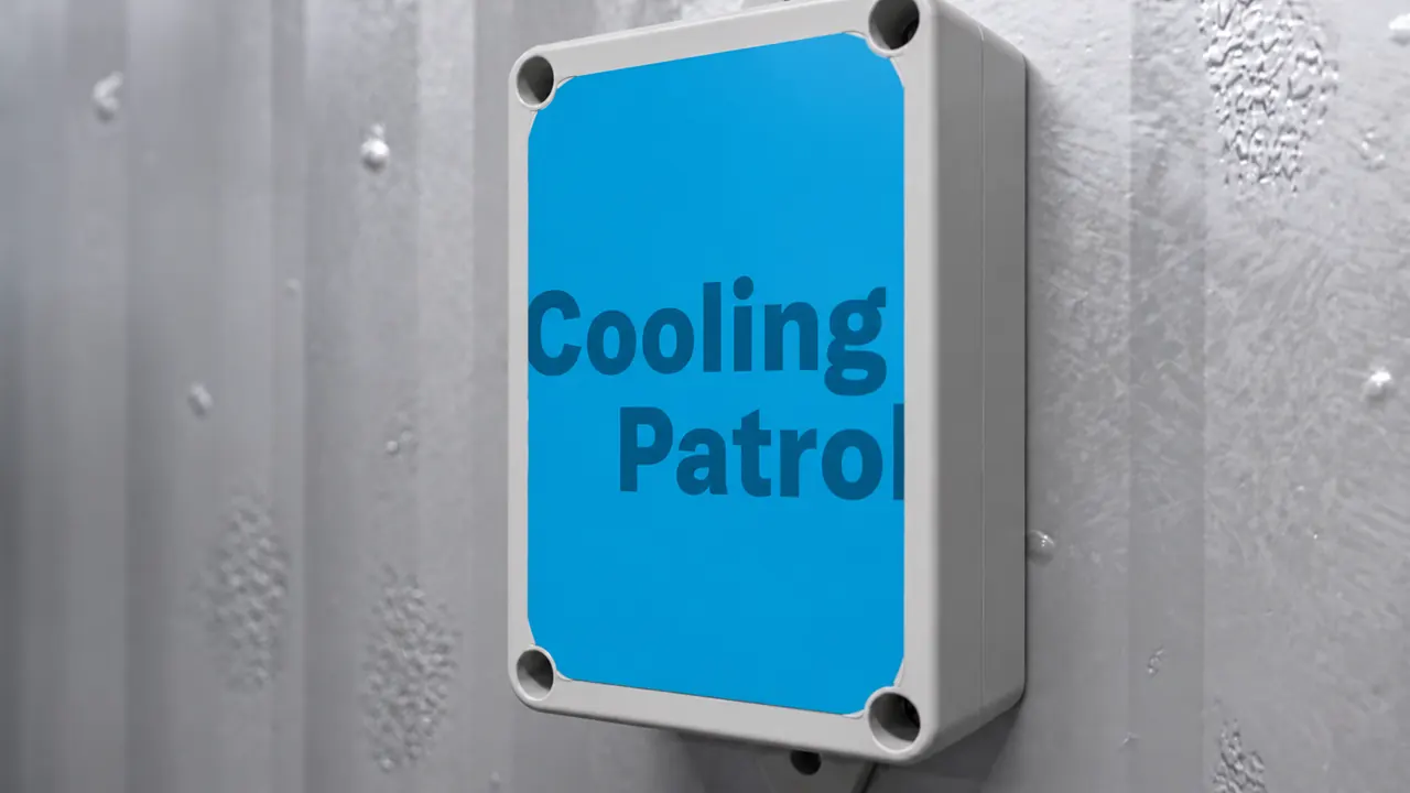 Primer plano del sensor Cooling Patrol instalado en la pared de una cámara frigorífica